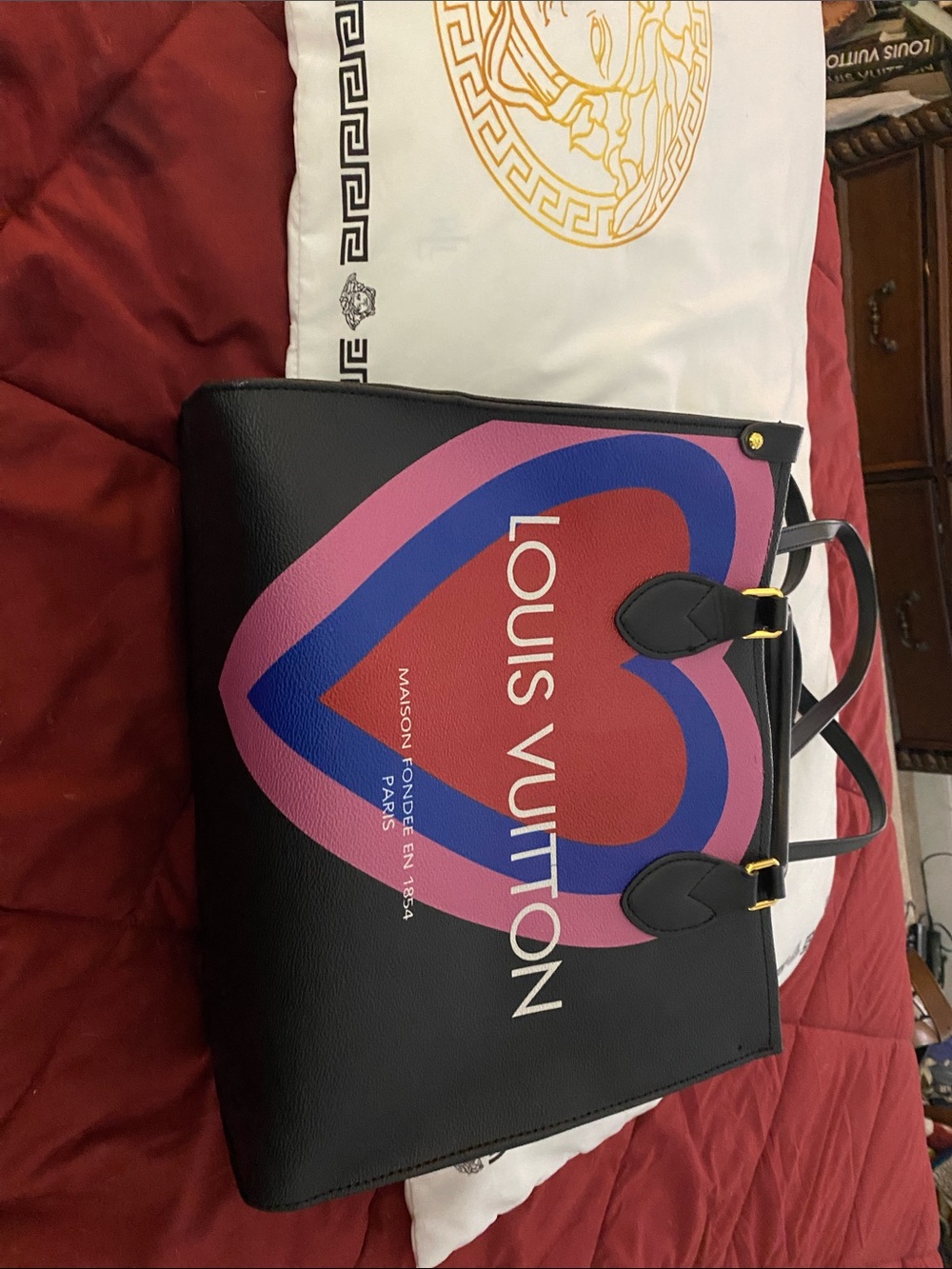 Black Tote with Red, Blue and Pink Heart Graphic - Picture 2 of 7